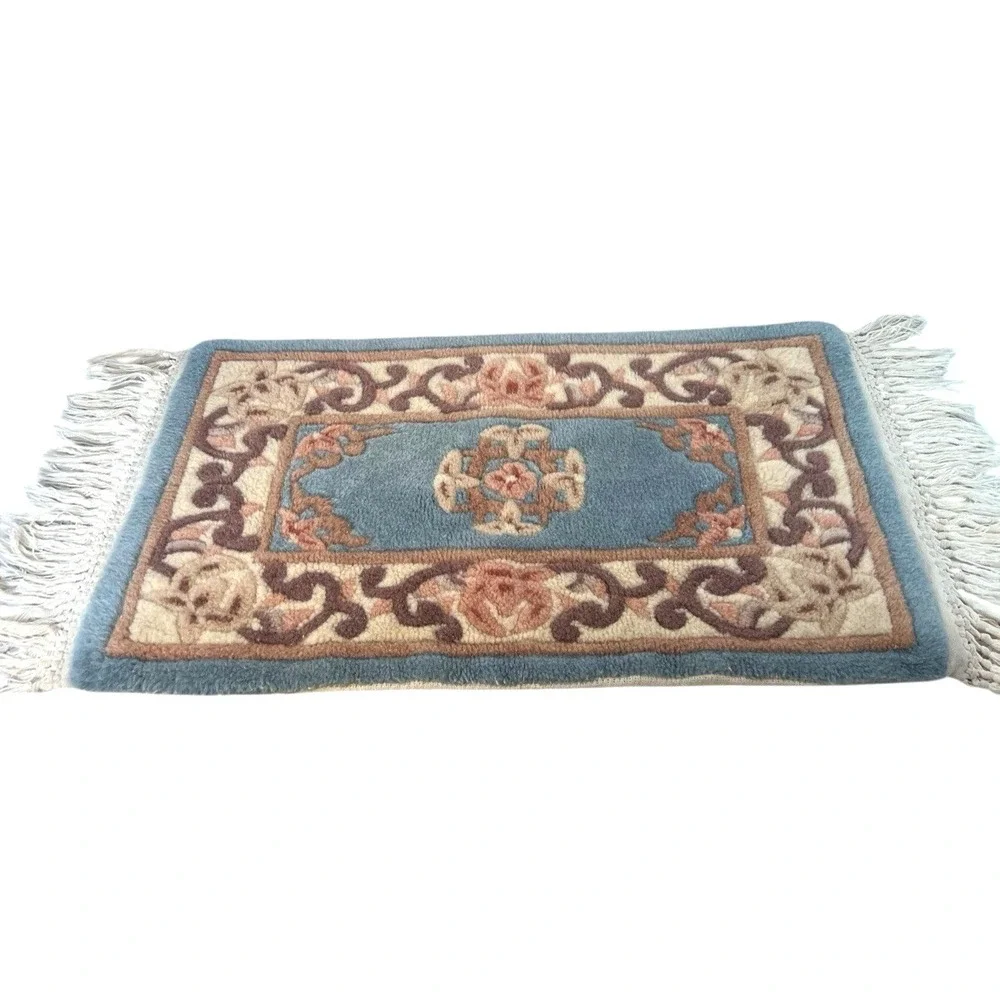 vtg Chinese Abbuson hand tufted high grade wool area rug blue peach 38 x 17
